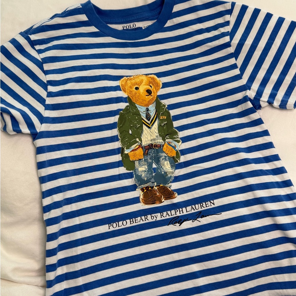 Polo by Ralph Lauren Blue & White Striped Polo Bear Short Sleeve Tee